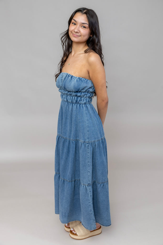 strapless denim maxi dress Blue Angel Drop-Waist Light Chambray / S The Blue Angel Strapless Denim Drop IT'S BRITNEY PATCHWORK DENIM MAXI