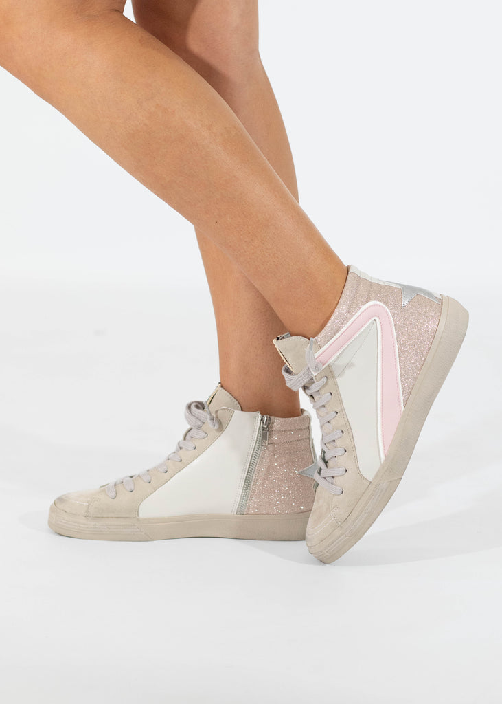 beige high top sneakers with light pink glitter detail