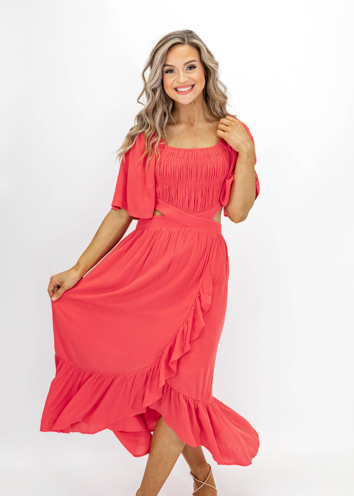 ruffles, midi dress, loose short sleeves, open sides and back, pink/red