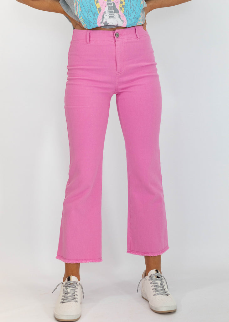 pink high rise stretchy flare leg ankle jeans