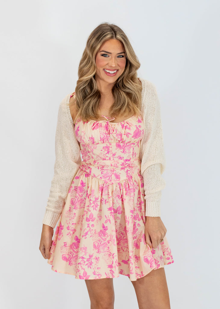 cream/pink floral print fit & flare mini dress
