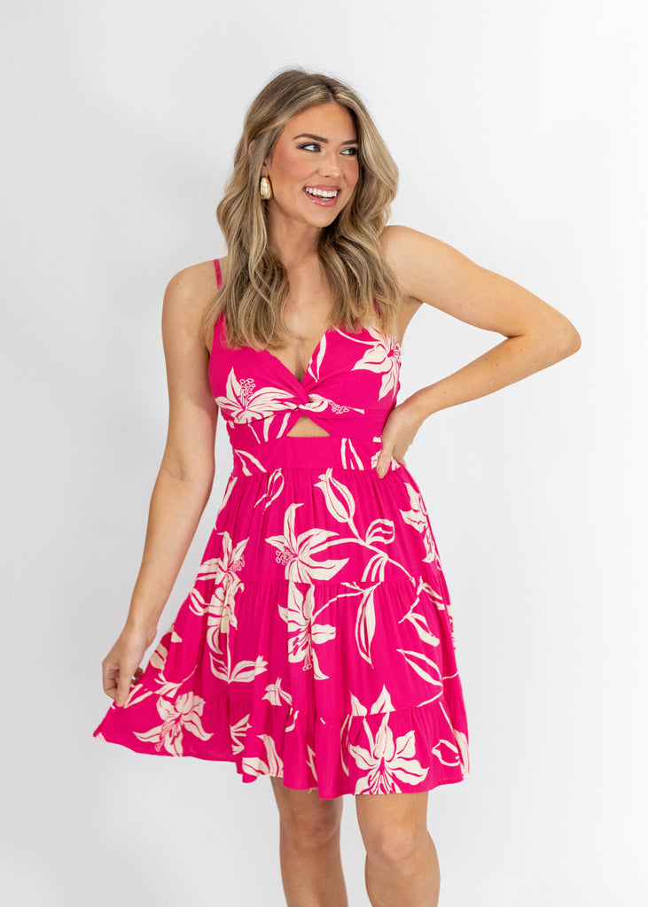 hot pink, white floral design, mini dress, flowy, spaghetti strap