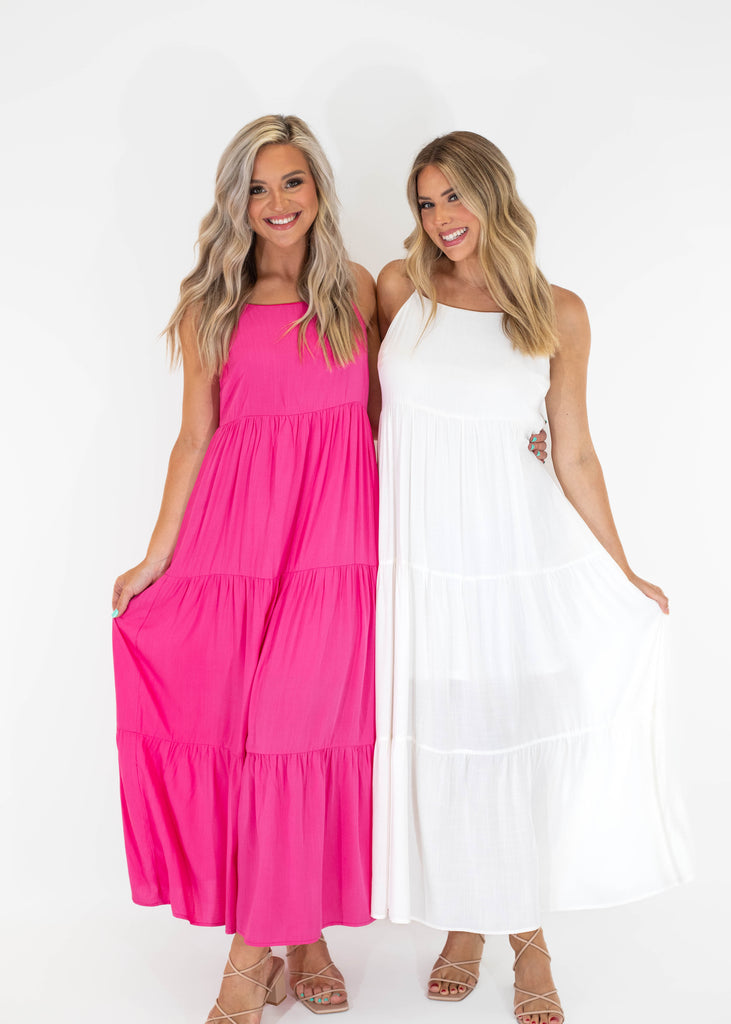 maxi dress in pink and white
