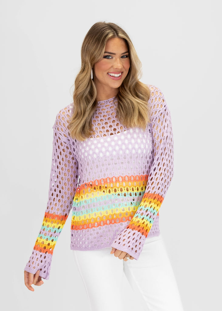 open crochet purple sweater with multi-color stripes