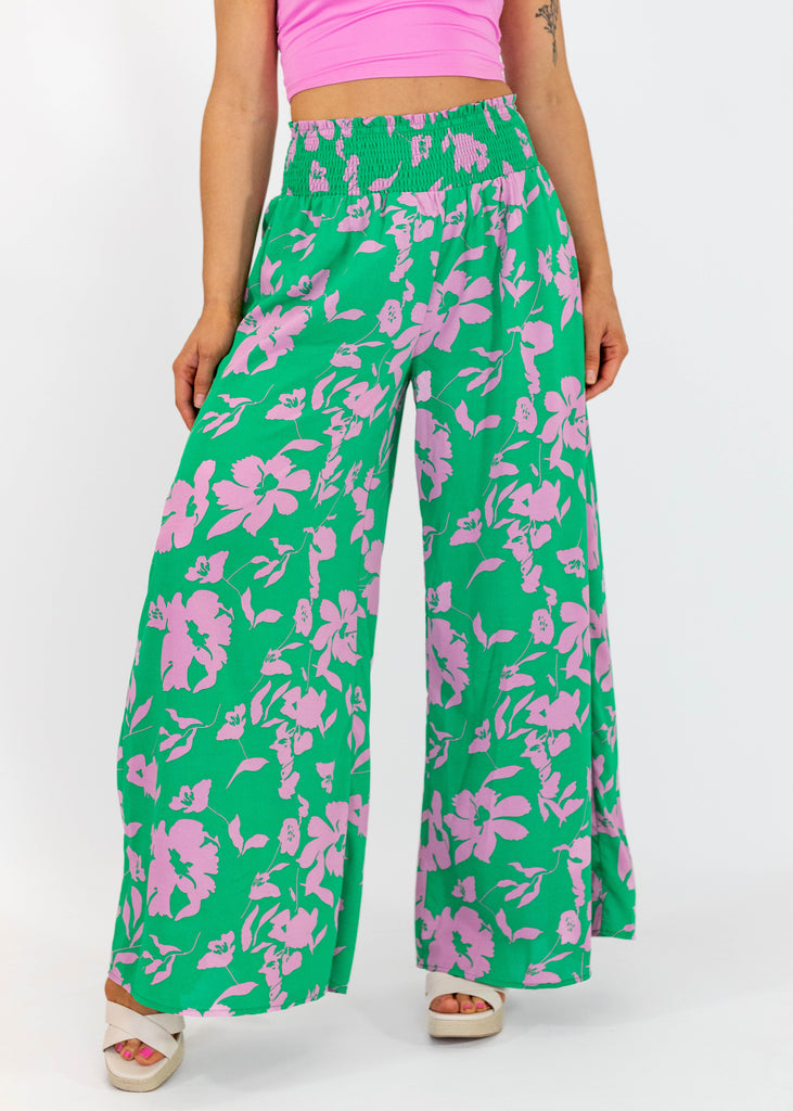 green and pink floral pants