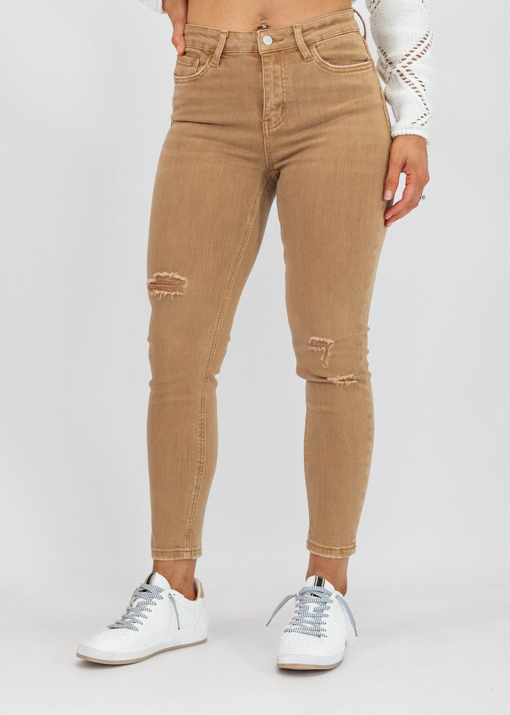 tan ankle length high rise skinny jeans with light distressing