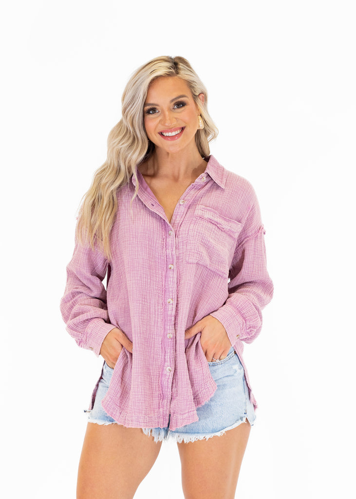 dusty rose textured oversized button down top