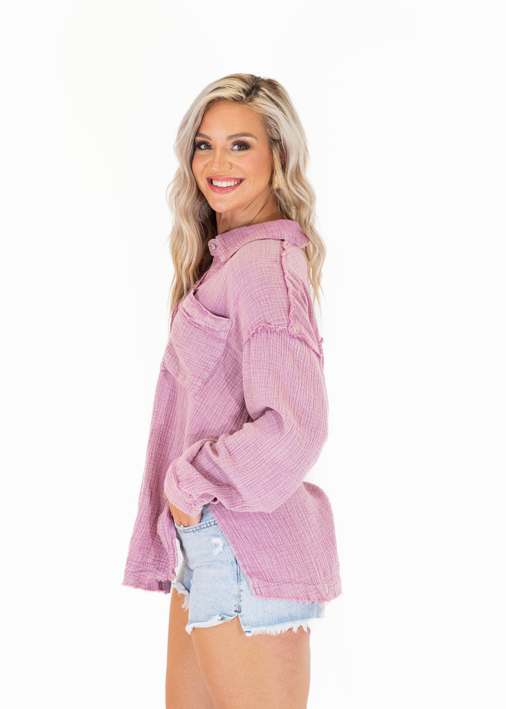 dusty rose textured oversized button down top