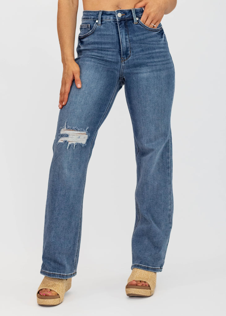medium wash high rise distressed straight jeans