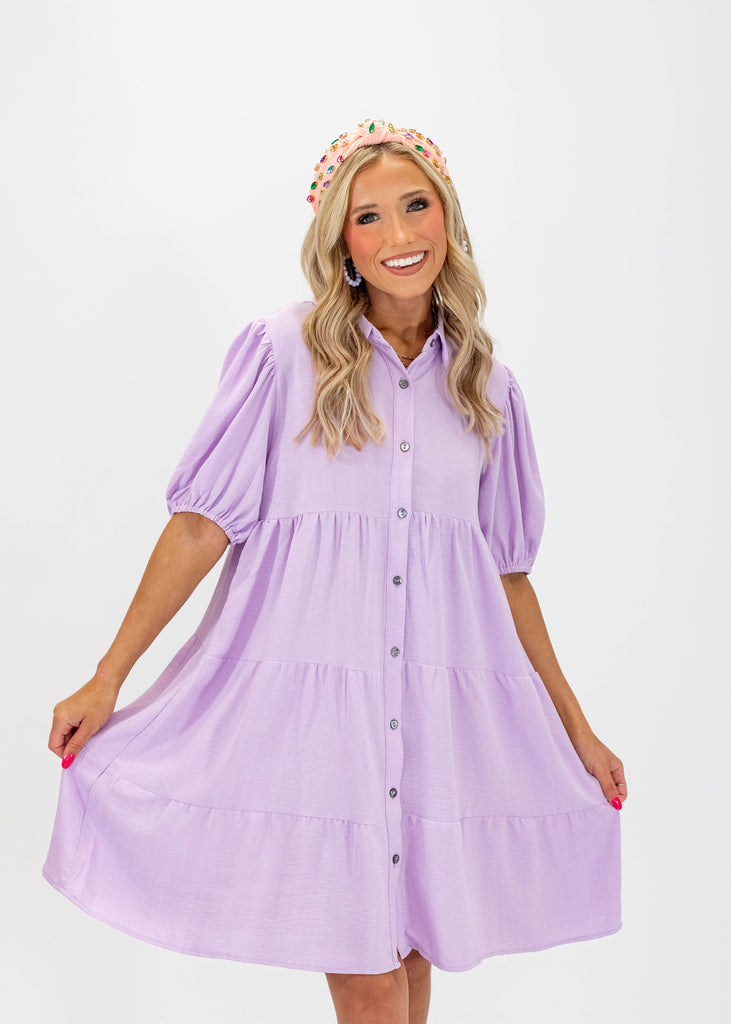 babydoll dress, balloon sleeves, buttons, purple, spring, summer