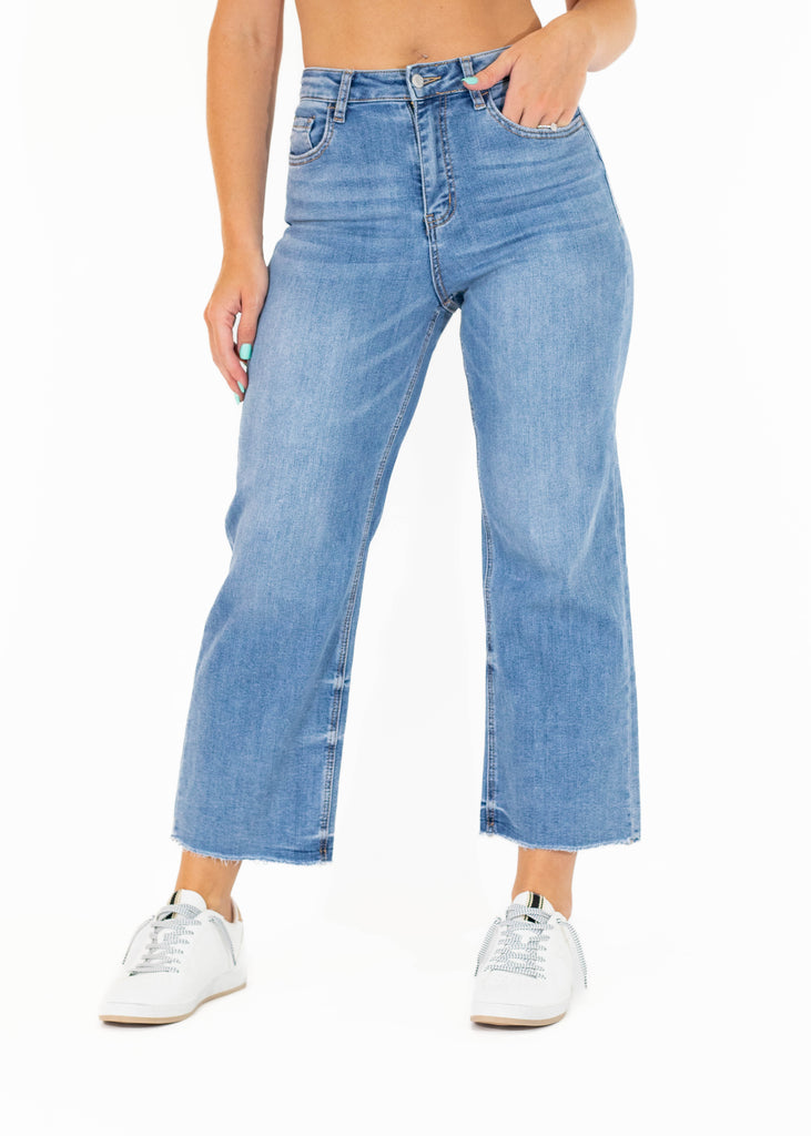 medium wash straight leg crop jean