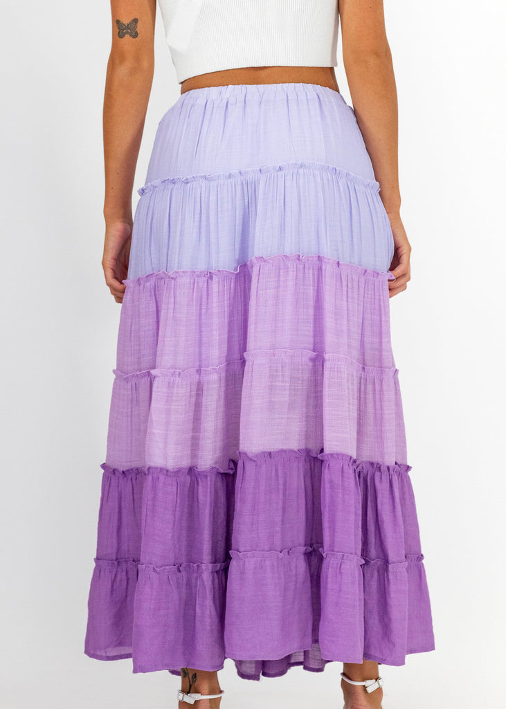purple multi tiered flowy maxi skirt
