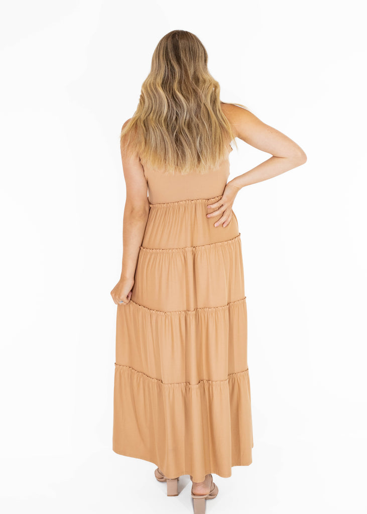 tan midi flowy dress