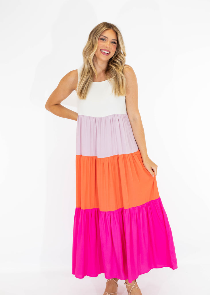 fuchsia colorblock maxi dress