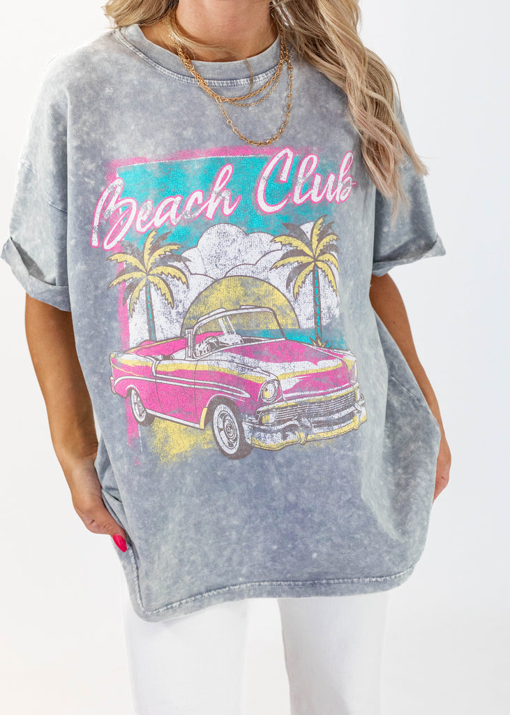 gray t-shirt with multi-color "Beach Club" graphic print