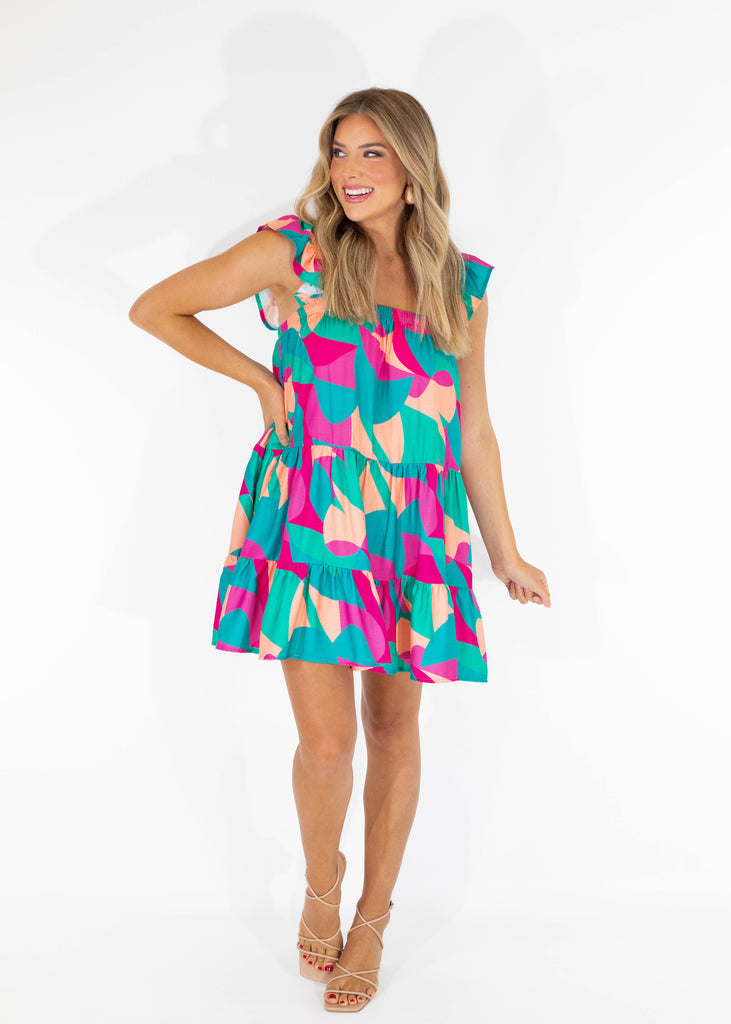 blue and pink babydoll fit mini dress with ruffle straps