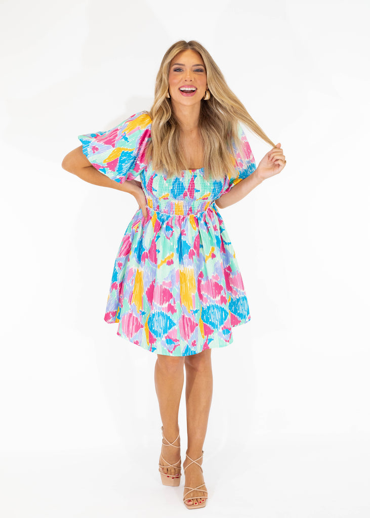 printed mini dress with puff sleeves