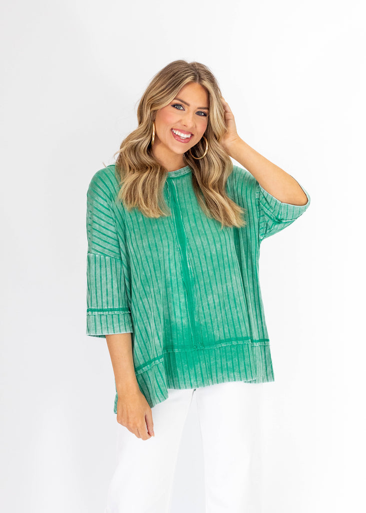 oversized top, green, ribbed, striped, spring