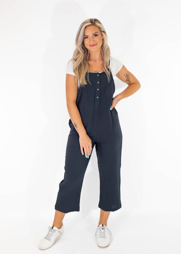 dark gray cropped jumpsuit with pockets