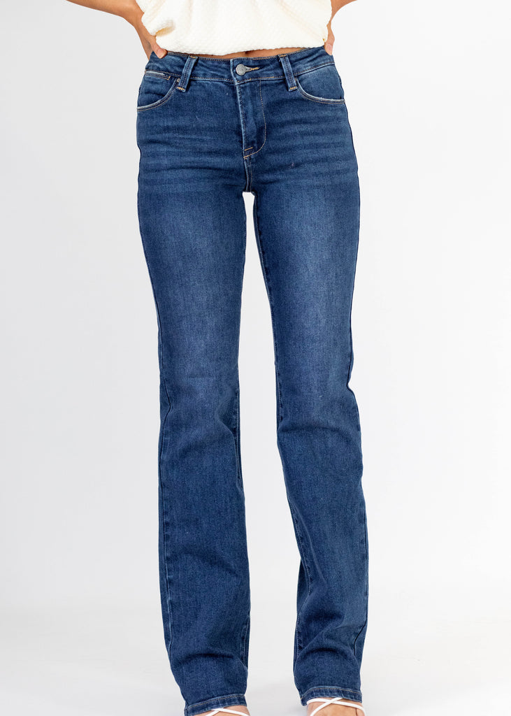 high rise slim-fit straight leg dark wash jeans