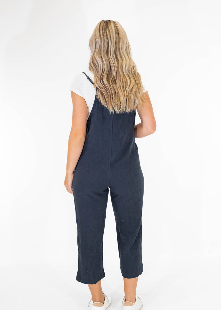 dark gray cropped jumpsuit with pockets