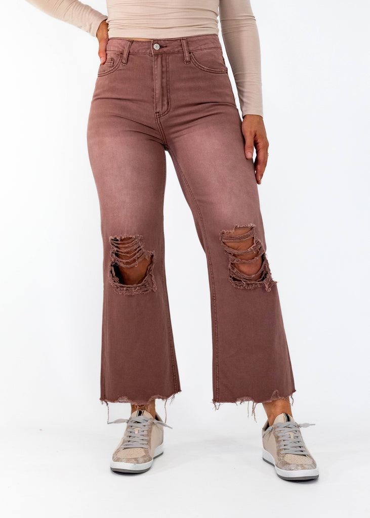 puce red crop flare distressed jeans