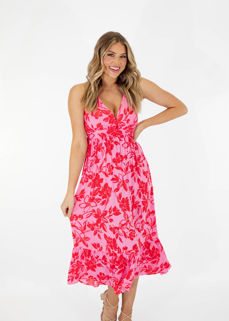 pink and red floral halter midi dress