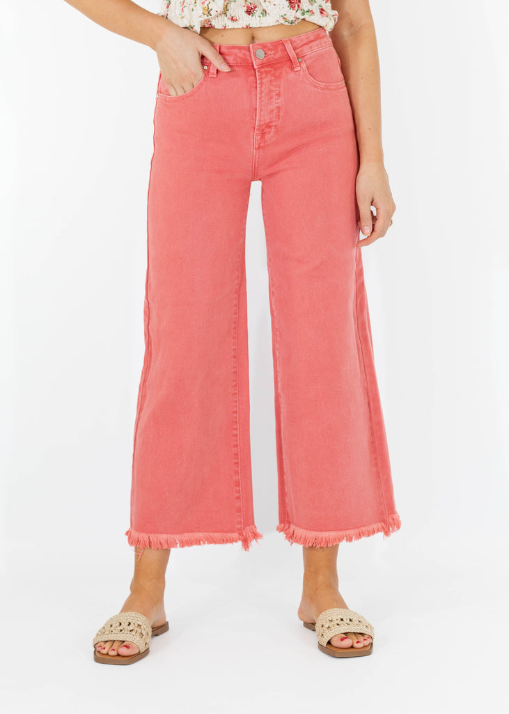 bright coral high rise cropped jeans