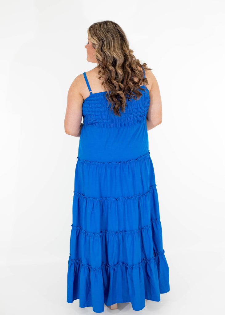 blue tiered maxi dress with a shirred chest and spaghetti straps