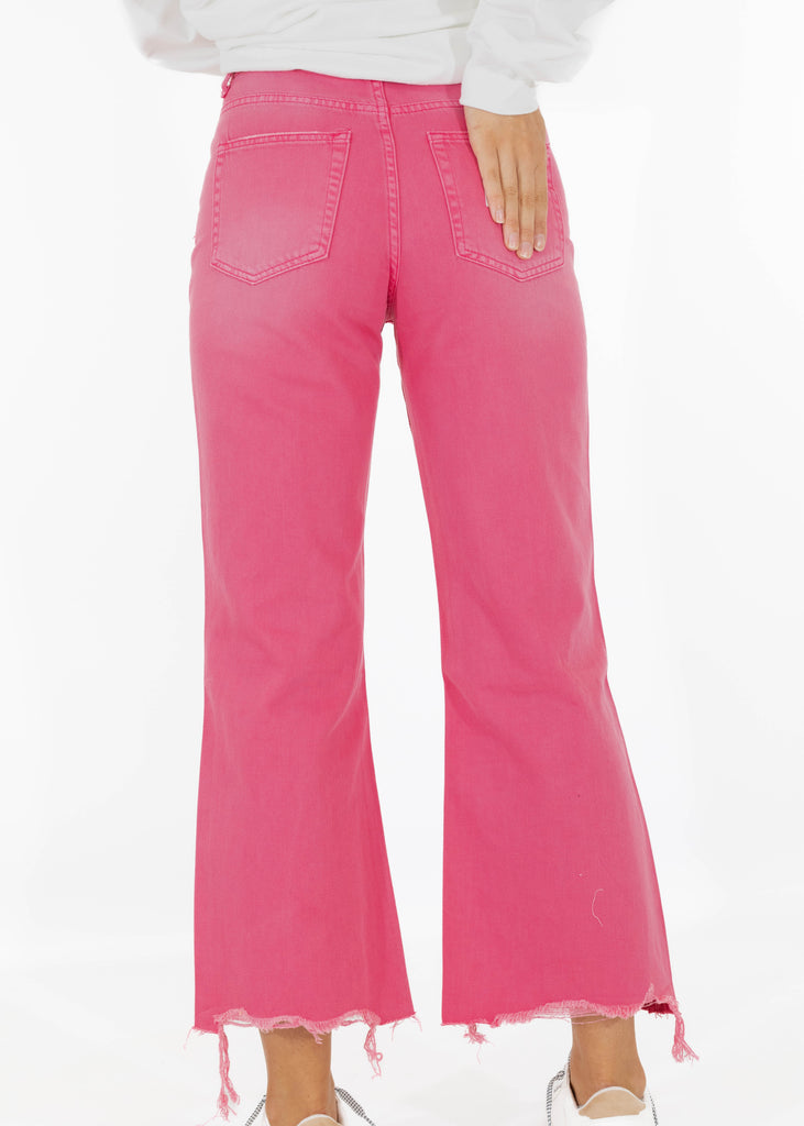 hot pink high rise distressed flare leg cropped jeans