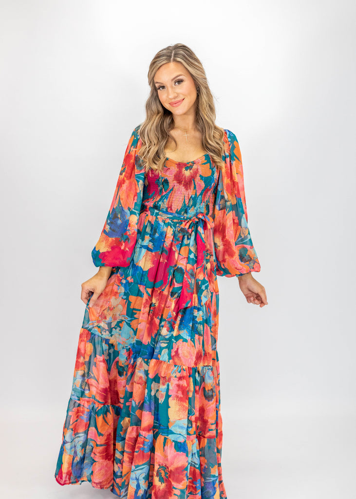 blue/orange floral print maxi dress with long sleeves