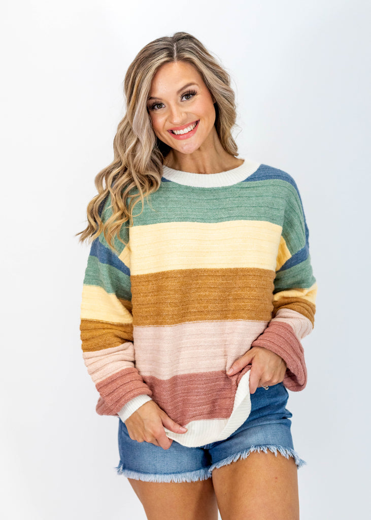 ribbed horizontally, green, yellow, orange, pink and red wide horizontal stripes, crew neck