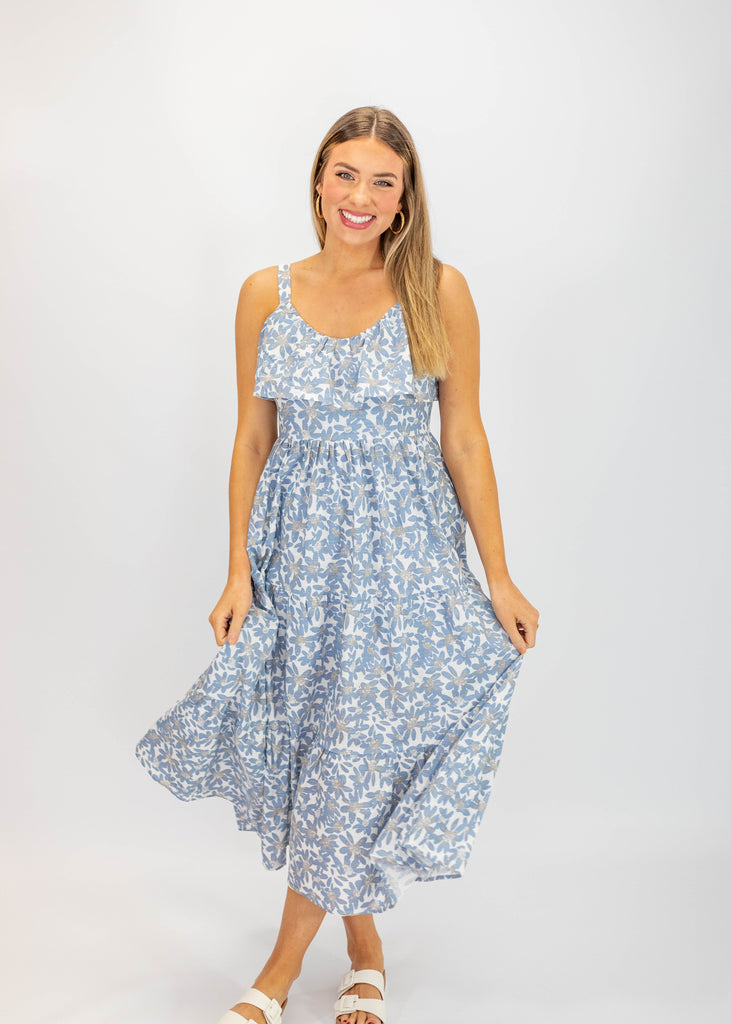 light blue and white floral maxi dress