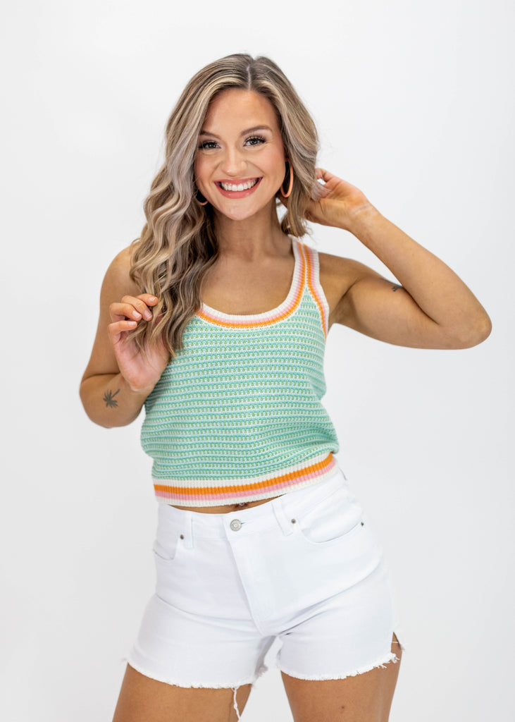 tank, knitted, green and blue stripes with orange outline of bottom, neck and sleeves