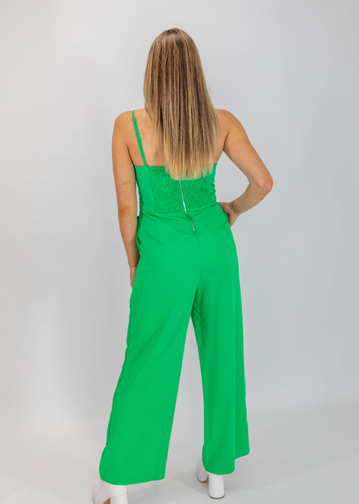 spaghetti strap bright green jumpsuit