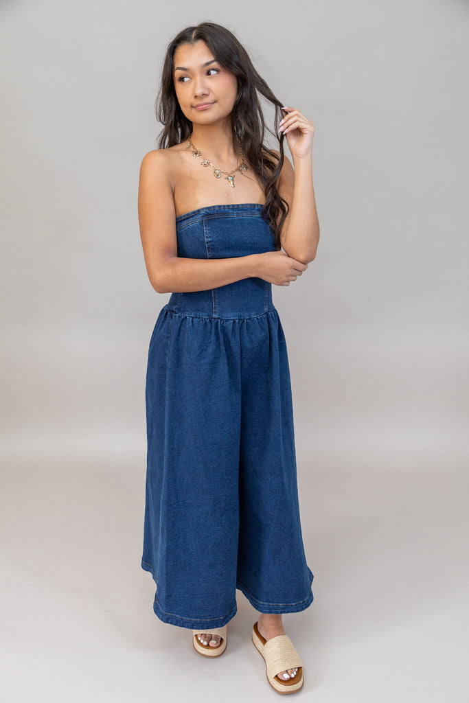 strapless midi denim dress Strapless belted paneled denim midi dress - blue