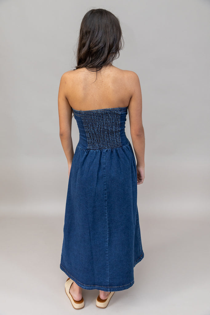 denim strapless midi dress Women's Ideal Confidence Strapless Midi Dress in Denim