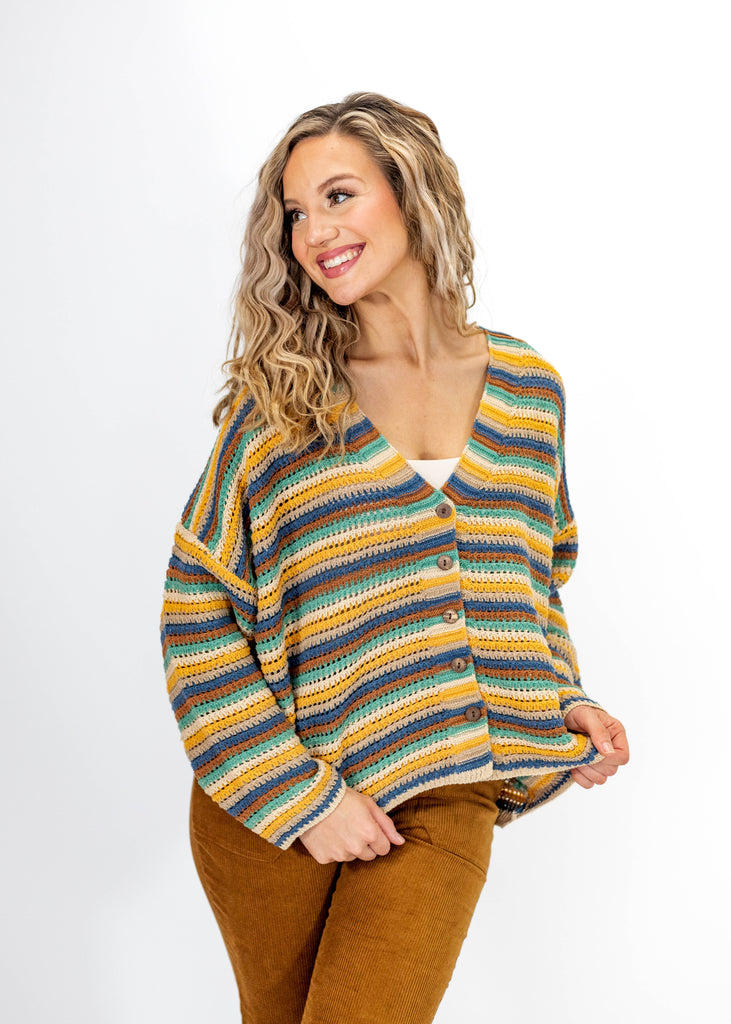 blue/brown multi striped button knit cardigan