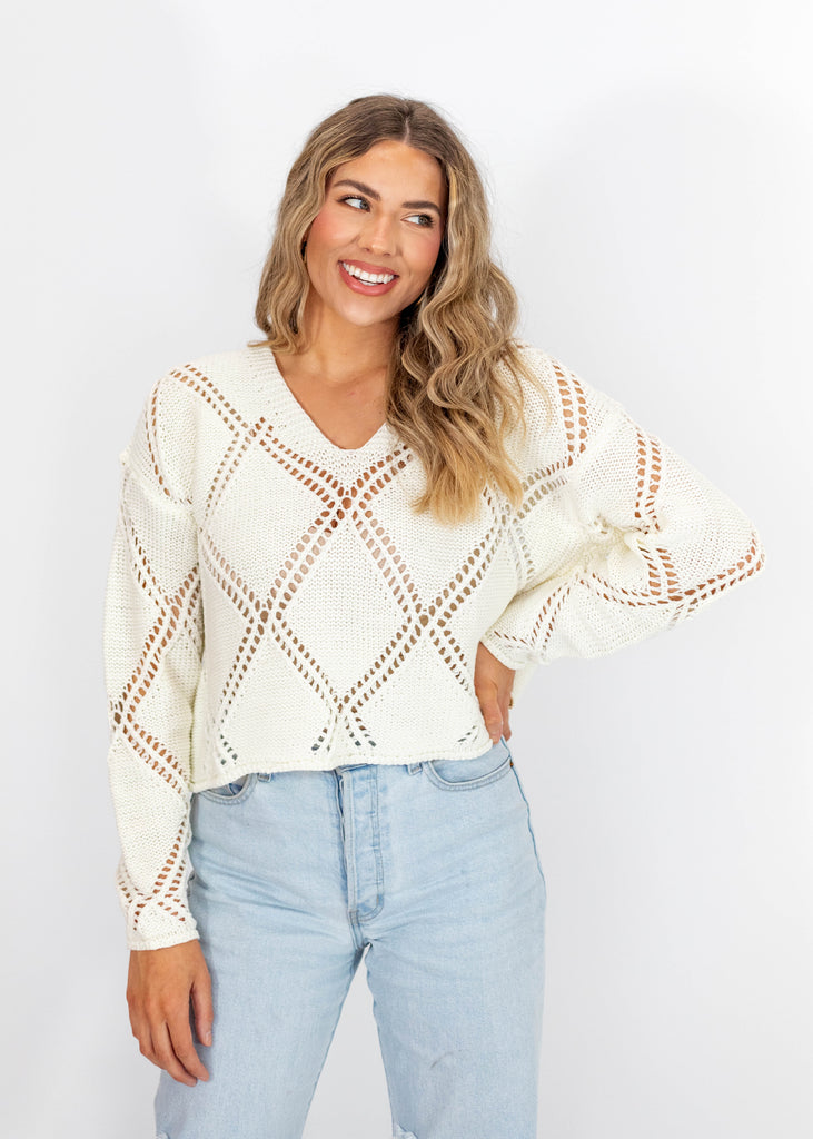 cream diamond open knit cropped v-neck sweater