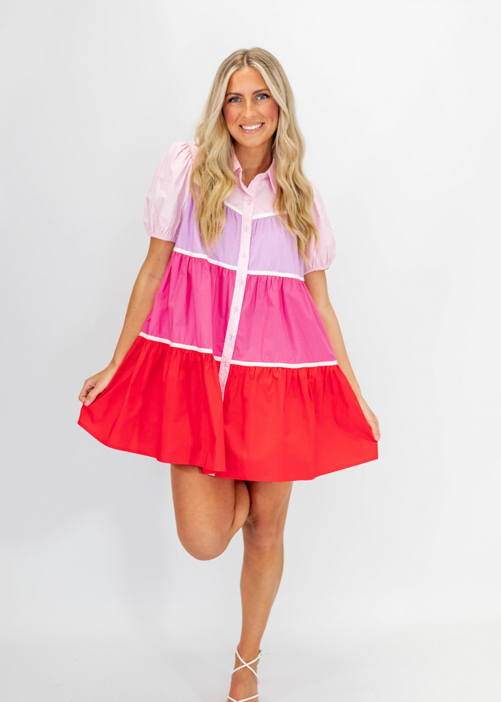 pink/red colorblock babydoll mini dress with buttons and collar